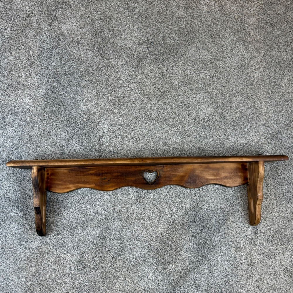 Vintage Cottagecore Farmhouse Rustic Pine Wood Wall Shelf Scalloped Heart Cutout